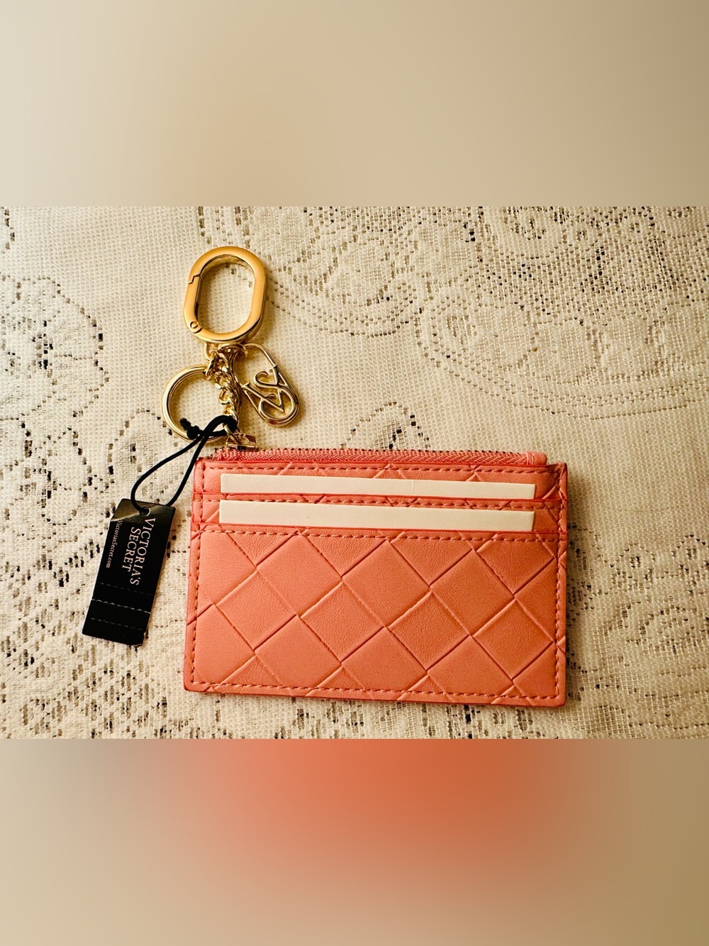 Victoria's Secret Pink Quilted Card Wallet with Zipper Pocket and Gold Keyring